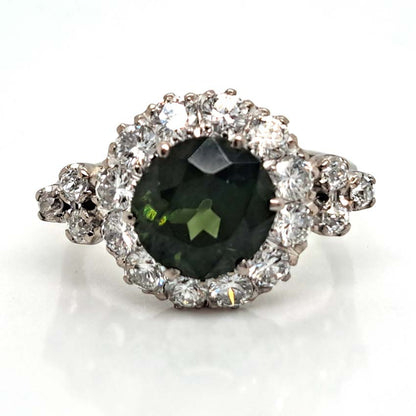 Antique 3.85ct Natural Green Zircon and Old Cut Diamond Cluster Engagement Ring in platinum and 18ct gold