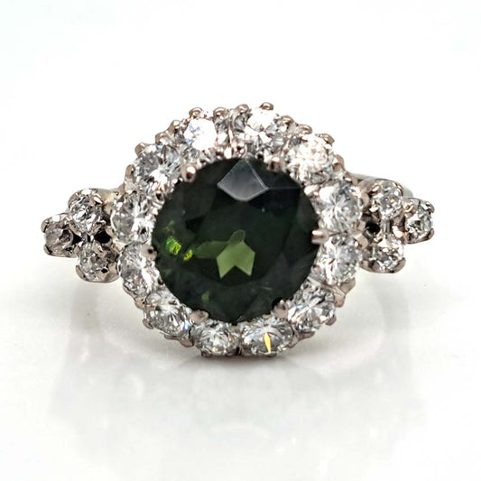 Antique 3.85ct Natural Green Zircon and Old Cut Diamond Cluster Engagement Ring in platinum and 18ct gold