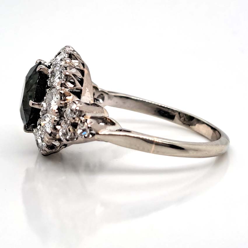 Antique 3.85ct Natural Green Zircon and Old Cut Diamond Cluster Engagement Ring in platinum and 18ct gold