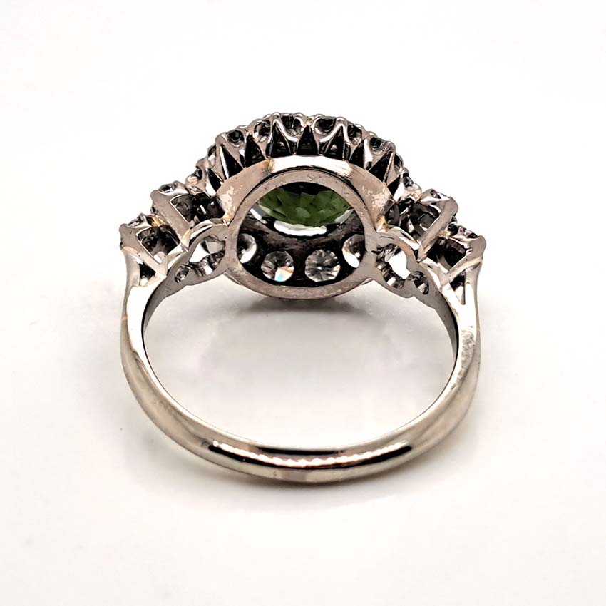 Antique 3.85ct Natural Green Zircon and Old Cut Diamond Cluster Engagement Ring in platinum and 18ct gold