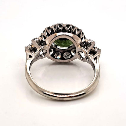 Antique 3.85ct Natural Green Zircon and Old Cut Diamond Cluster Engagement Ring in platinum and 18ct gold