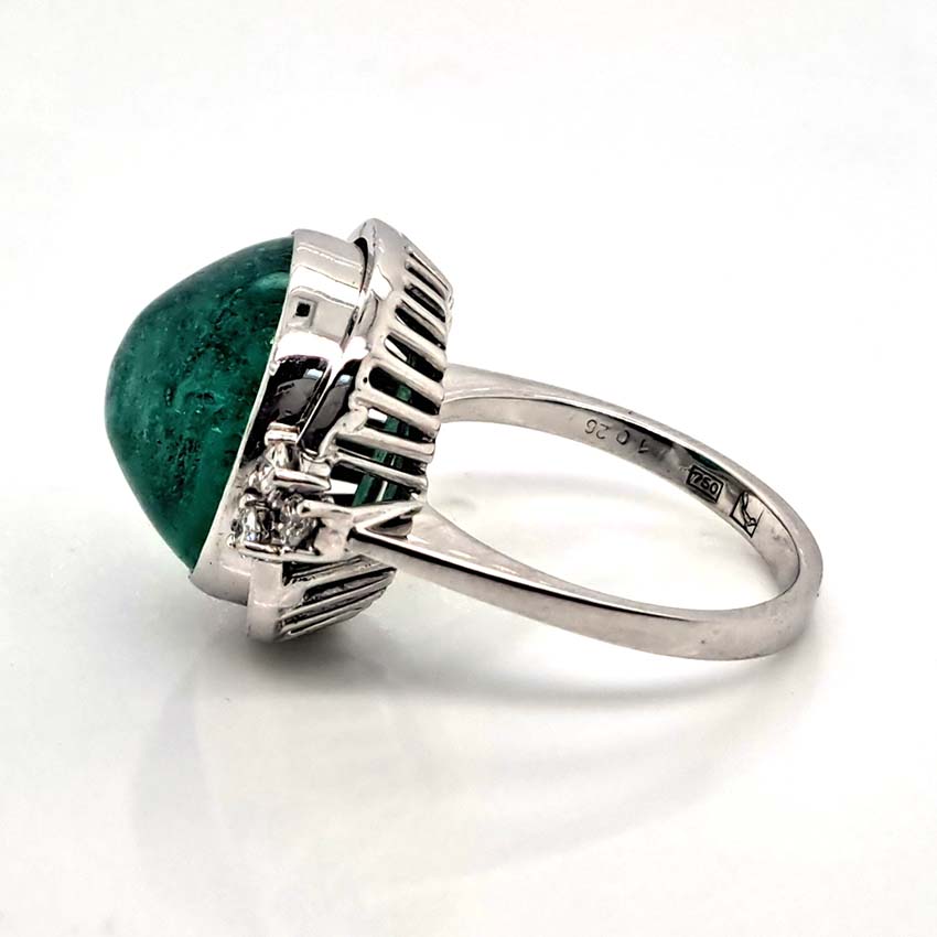 9ct Cabochon Emerald Ring with Diamonds in 18ct White Gold