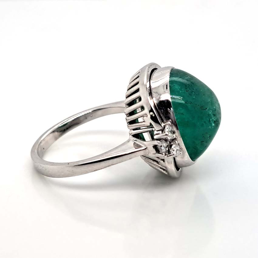 9ct Cabochon Emerald Ring with Diamonds in 18ct White Gold