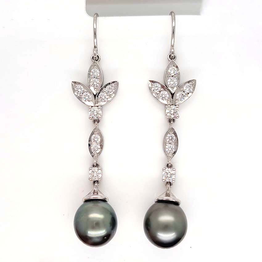 Grey Pearl and Diamond Drop Earrings, grey pearls with silver undertones suspended from diamond drops to diamond-set fleur-de-lis tops in 18ct white gold