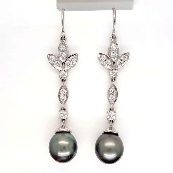 Grey Pearl and Diamond Drop Earrings, grey pearls with silver undertones suspended from diamond drops to diamond-set fleur-de-lis tops in 18ct white gold