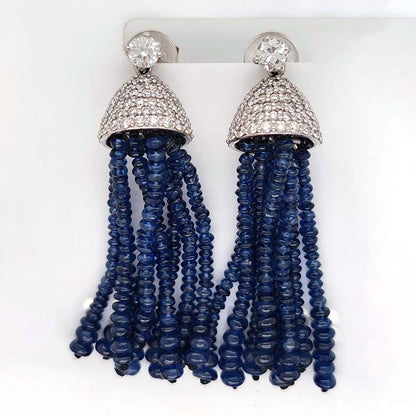 Vintage Sapphire Bead Fringe Drop Earrings with Diamonds, multiple strands of sapphire beads lead to diamond-set caps suspended from 0.3ct diamond solitaire tops in 18ct white gold