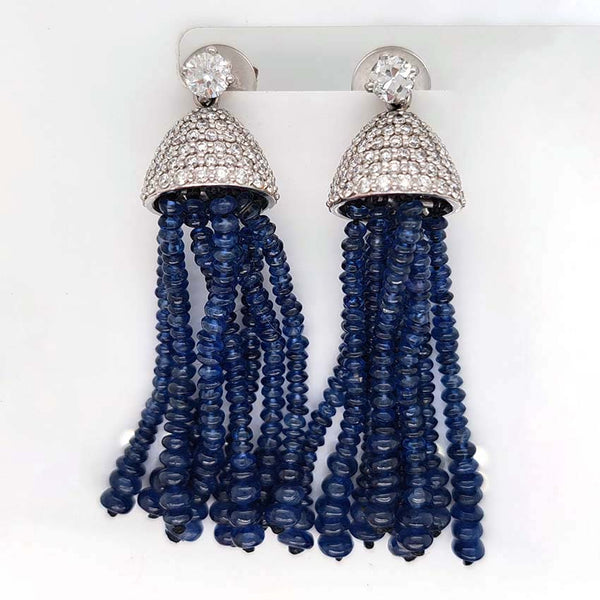 Vintage Sapphire Bead Fringe Drop Earrings with Diamonds, multiple strands of sapphire beads lead to diamond-set caps suspended from 0.3ct diamond solitaire tops in 18ct white gold