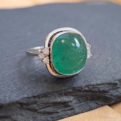 9ct Cabochon Emerald Ring with Diamonds in 18ct White Gold