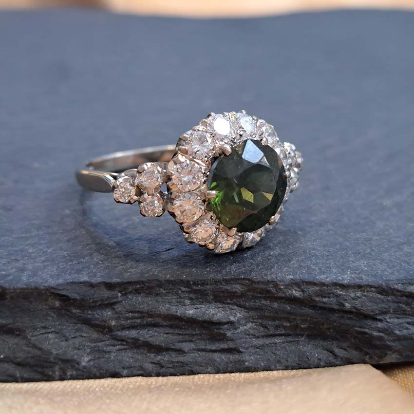 Antique 3.85ct Natural Green Zircon and Old Cut Diamond Cluster Engagement Ring in platinum and 18ct gold