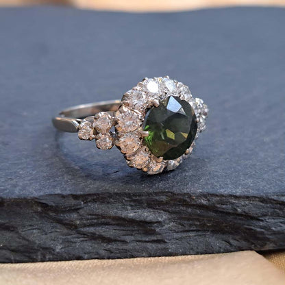 Antique 3.85ct Natural Green Zircon and Old Cut Diamond Cluster Engagement Ring in platinum and 18ct gold