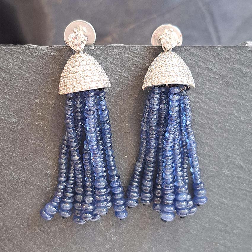 Vintage Sapphire Bead Fringe Drop Earrings with Diamonds, multiple strands of sapphire beads lead to diamond-set caps suspended from 0.3ct diamond solitaire tops in 18ct white gold
