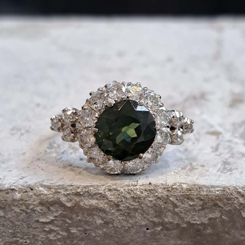 Antique 3.85ct Natural Green Zircon and Old Cut Diamond Cluster Engagement Ring in platinum and 18ct gold
