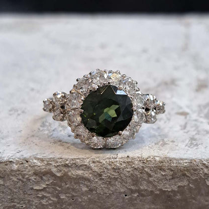 Antique 3.85ct Natural Green Zircon and Old Cut Diamond Cluster Engagement Ring in platinum and 18ct gold