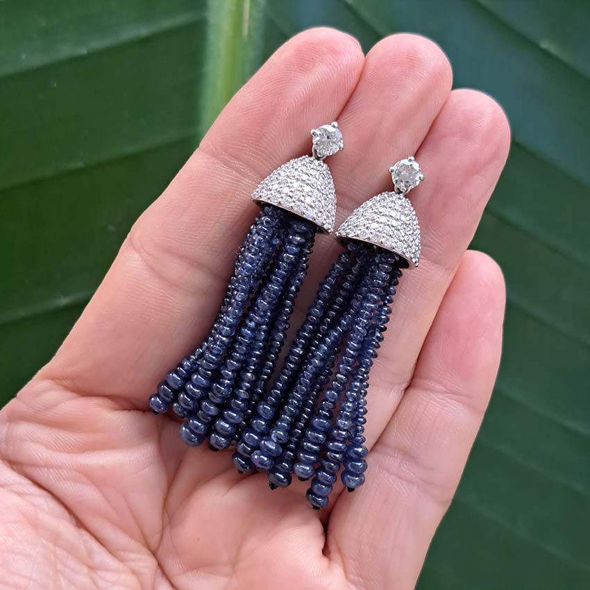 Vintage Sapphire Bead Fringe Drop Earrings with Diamonds, multiple strands of sapphire beads lead to diamond-set caps suspended from 0.3ct diamond solitaire tops in 18ct white gold