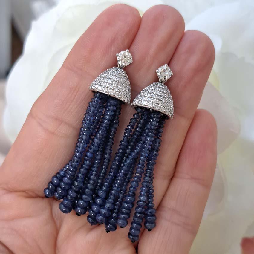 Vintage Sapphire Bead Fringe Drop Earrings with Diamonds, multiple strands of sapphire beads lead to diamond-set caps suspended from 0.3ct diamond solitaire tops in 18ct white gold