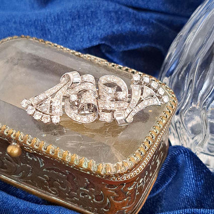Art Deco 2.4ct Diamond Double Clip Brooch, geometric scrolled design set with 2.40 carats of single-cut, eight-cut and baguette-cut diamonds in platinum to later 14ct white gold pin