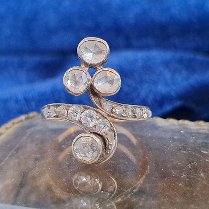 Antique Belle Epoque 1.35ct Rose Cut Diamond Ring, fleur-de-lis triple rose-cut diamond top and single rose-cut diamond solitaire bottom connected via diamond shoulders
