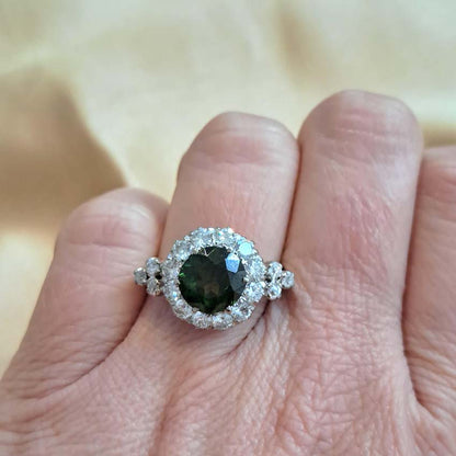 Antique 3.85ct Natural Green Zircon and Old Cut Diamond Cluster Engagement Ring in platinum and 18ct gold
