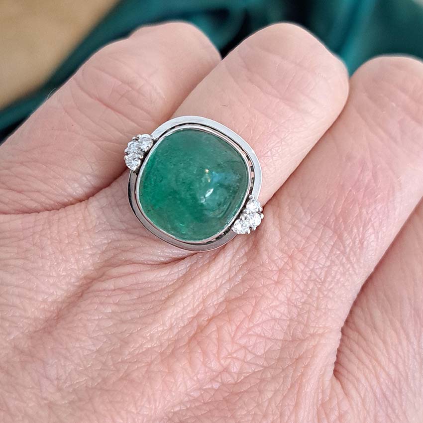 9ct Cabochon Emerald Ring with Diamonds in 18ct White Gold