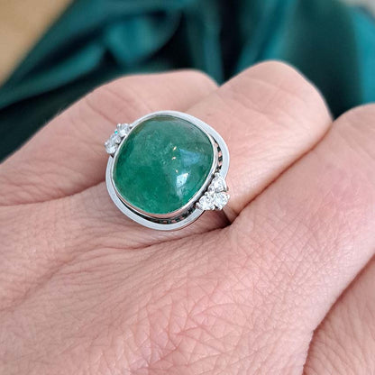 9ct Cabochon Emerald Ring with Diamonds in 18ct White Gold