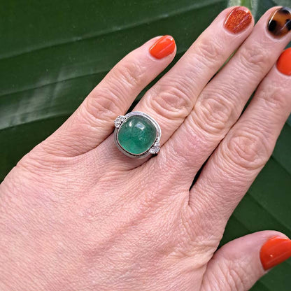 9ct Cabochon Emerald Ring with Diamonds in 18ct White Gold