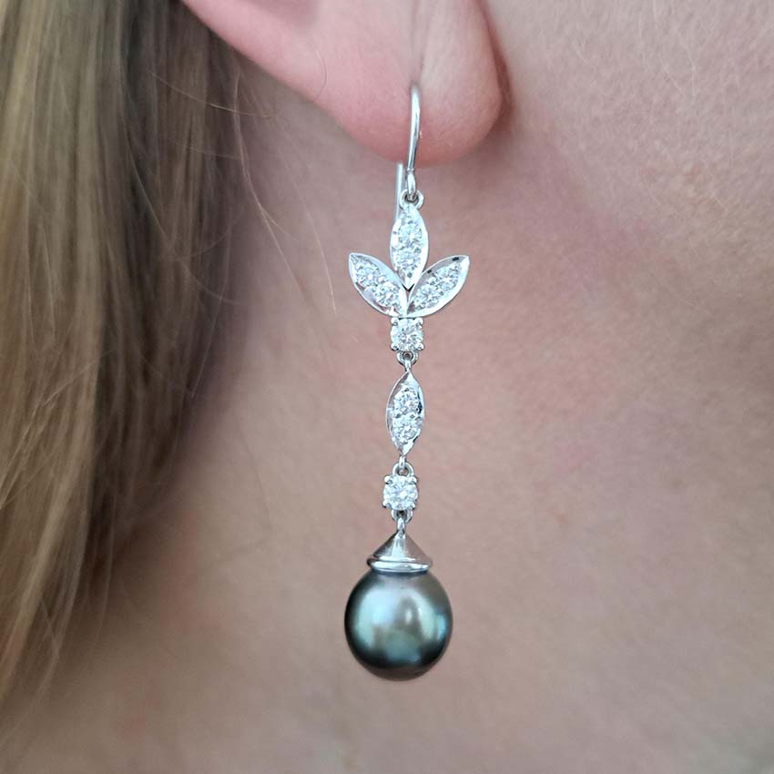 Grey Pearl and Diamond Drop Earrings, grey pearls with silver undertones suspended from diamond drops to diamond-set fleur-de-lis tops in 18ct white gold