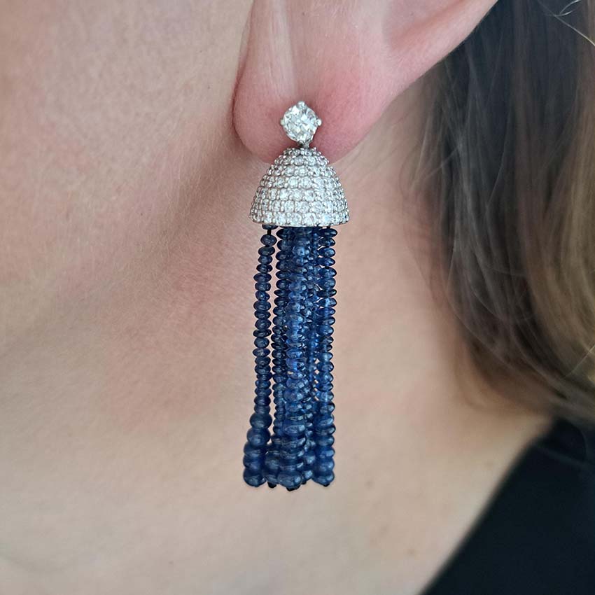 Vintage Sapphire Bead Fringe Drop Earrings with Diamonds, multiple strands of sapphire beads lead to diamond-set caps suspended from 0.3ct diamond solitaire tops in 18ct white gold