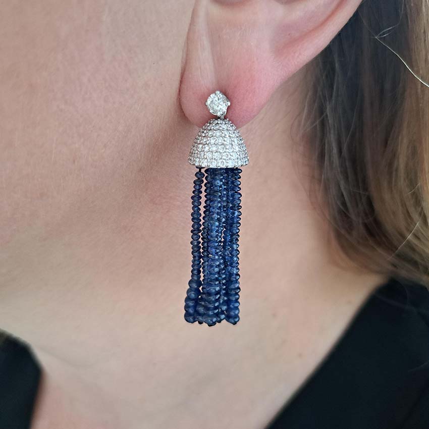 Vintage Sapphire Bead Fringe Drop Earrings with Diamonds, multiple strands of sapphire beads lead to diamond-set caps suspended from 0.3ct diamond solitaire tops in 18ct white gold