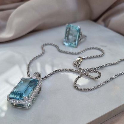 30ct Aquamarine and Diamond Cluster Pendant with Chain