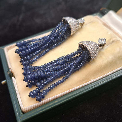 Vintage Sapphire Bead Fringe Drop Earrings with Diamonds, multiple strands of sapphire beads lead to diamond-set caps suspended from 0.3ct diamond solitaire tops in 18ct white gold