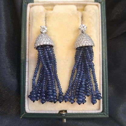 Vintage Sapphire Bead Fringe Drop Earrings with Diamonds, multiple strands of sapphire beads lead to diamond-set caps suspended from 0.3ct diamond solitaire tops in 18ct white gold