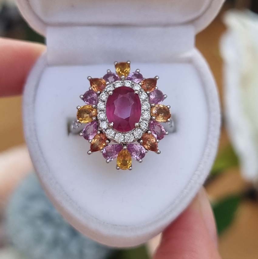 Natural No Heat Ruby Sapphire and Diamond Cluster Dress Ring