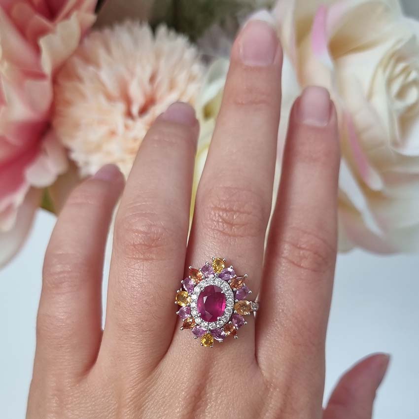Natural No Heat Ruby Sapphire and Diamond Cluster Dress Ring