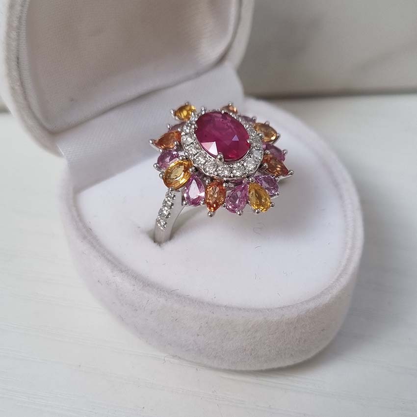Natural No Heat Ruby Sapphire and Diamond Cluster Dress Ring