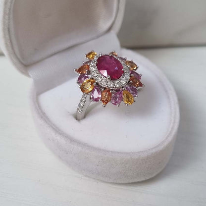 Natural No Heat Ruby Sapphire and Diamond Cluster Dress Ring