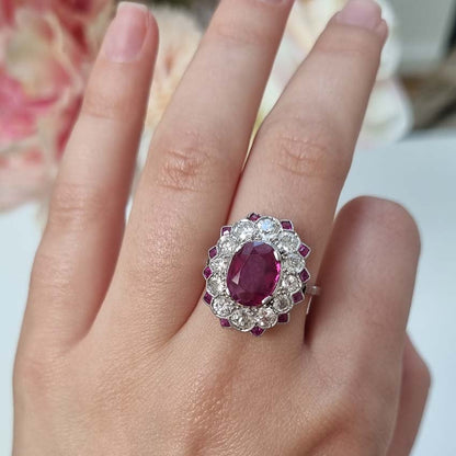 Antique Edwardian 2.25 No Heat Burma Ruby and Diamond Cluster Ring