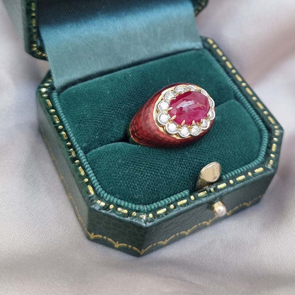 Vintage 1960s Cabochon Cut Burma Ruby Diamond and Red Enamel Ring