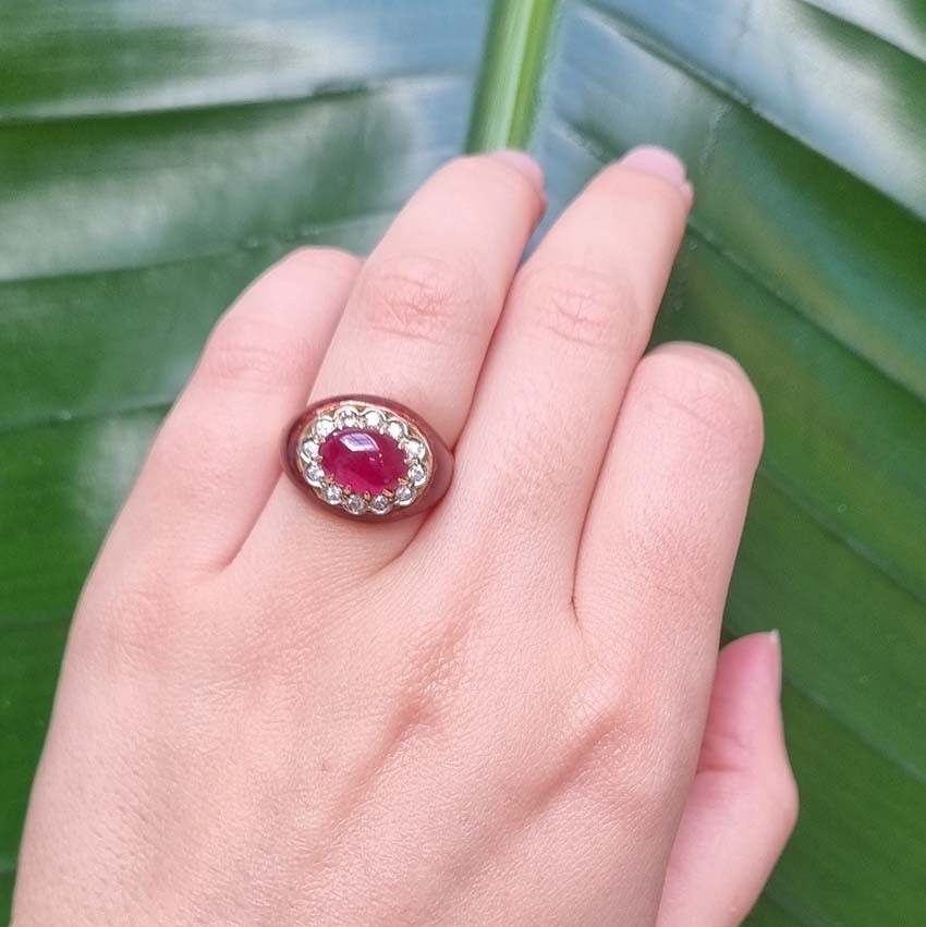 Vintage 1960s Cabochon Cut Burma Ruby Diamond and Red Enamel Ring