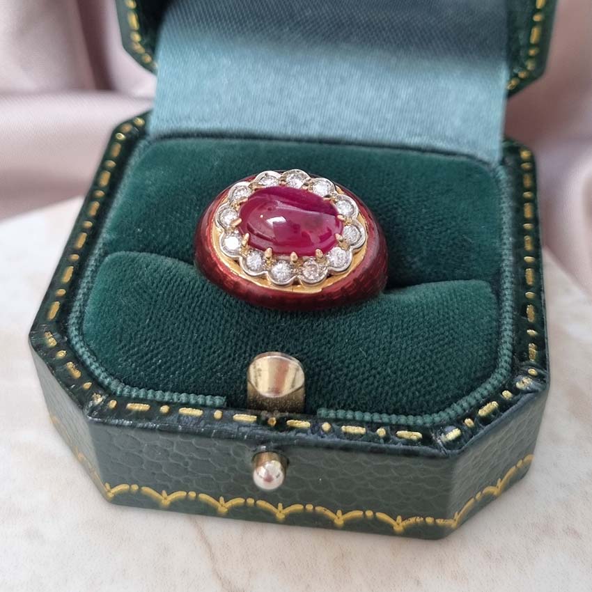 Vintage 1960s Cabochon Cut Burma Ruby Diamond and Red Enamel Ring