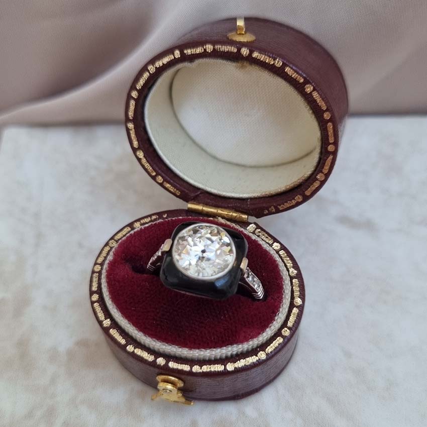 Art Deco Onyx and 2 Carat Old Cut Diamond Target Ring