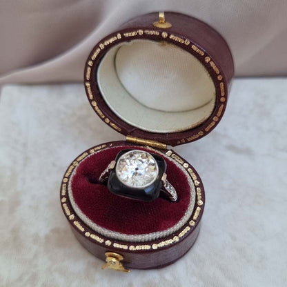 Art Deco Onyx and 2 Carat Old Cut Diamond Target Ring