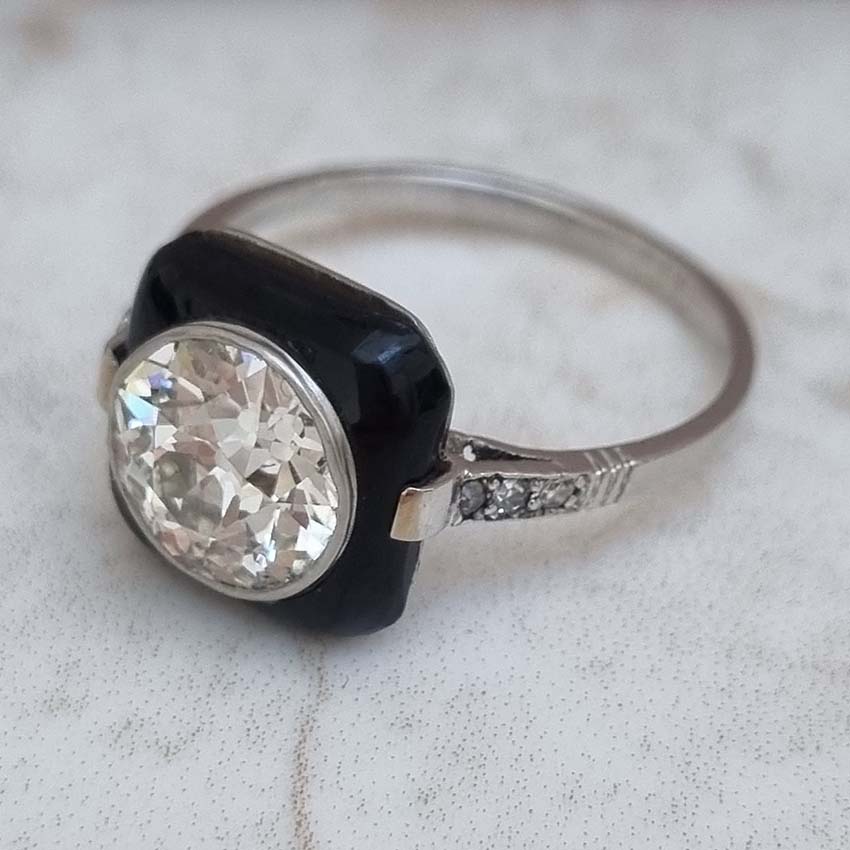 Art Deco Onyx and 2 Carat Old Cut Diamond Target Ring