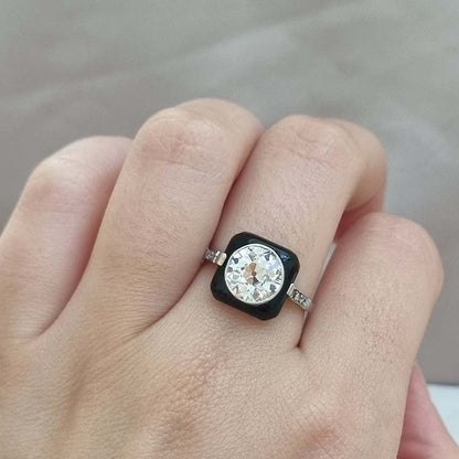 Art Deco Onyx and 2 Carat Old Cut Diamond Target Ring
