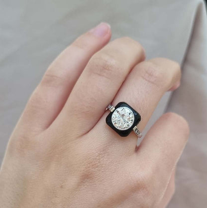 Art Deco Onyx and 2 Carat Old Cut Diamond Target Ring