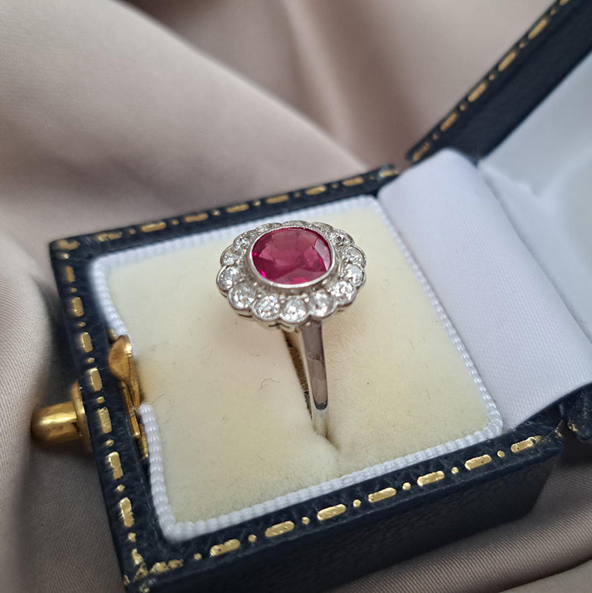 1ct Burma Ruby and Diamond Daisy Flower Cluster Engagement Ring