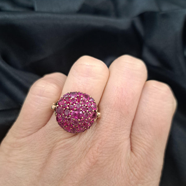 Vintage 4ct Burma Ruby Cluster Bombe Cocktail Ring, set with 4 carats of natural old-cut Burmese rubies in 14ct yellow gold. Circa 1930s