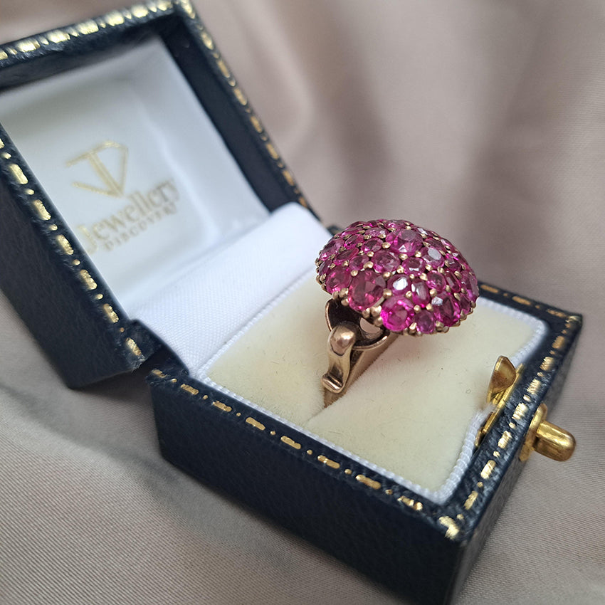 Vintage 4ct Old Cut Burma Ruby Cluster Bombe Cocktail Ring