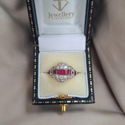 Art Deco Burma Ruby and Diamond Cluster Dress Ring in Platinum