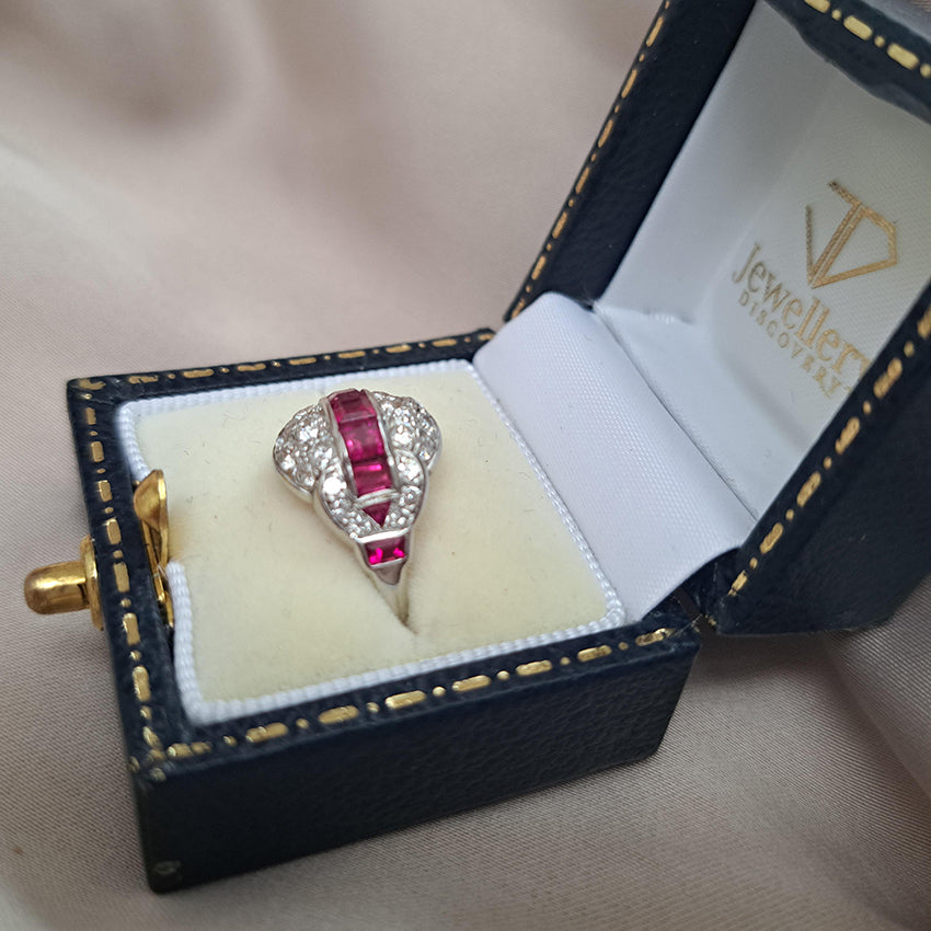 Art Deco Burma Ruby and Diamond Cluster Dress Ring in Platinum