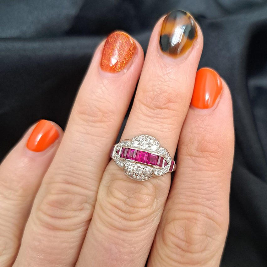 Art Deco Burma Ruby and Diamond Cluster Dress Ring in Platinum